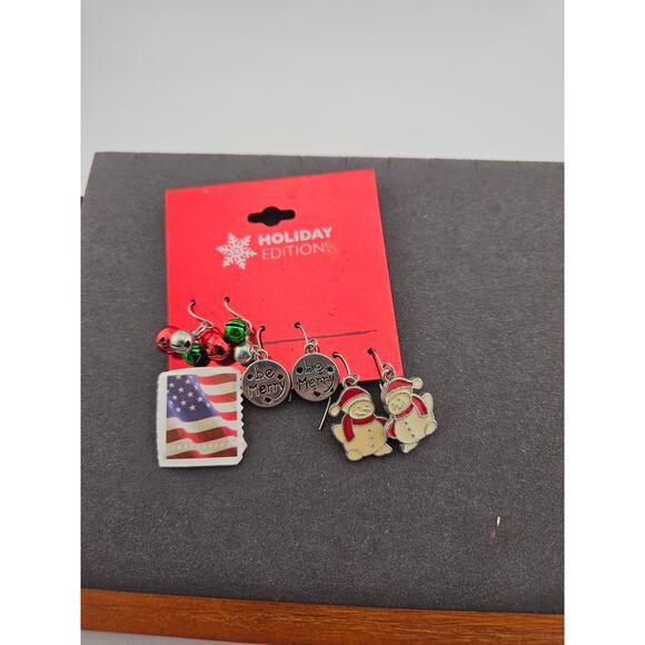 Holiday Editions 3 Pair Earrings Set Christmas Dangle Drop Bells Snowman New - Picture 3 of 3